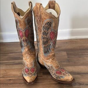 Corral Tan Leather Boots with Pink and Blue Heart and Wing Embroidery